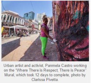 Panmela Castro working on "Where There is Respect, There is Peace" Mural; photo by Clarissa Pivetta.